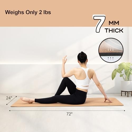 Eco-Friendly Cork Yoga Mat – 7mm Thick – 72″x24″, 2 lbs – Non-Slip – Cork + TPE