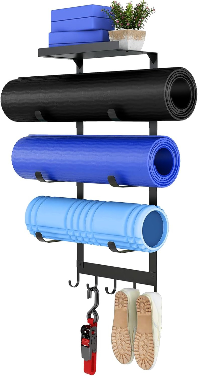 Wall-Mounted Yoga Mat Holder with Shelf & Hooks for Home Gym Storage