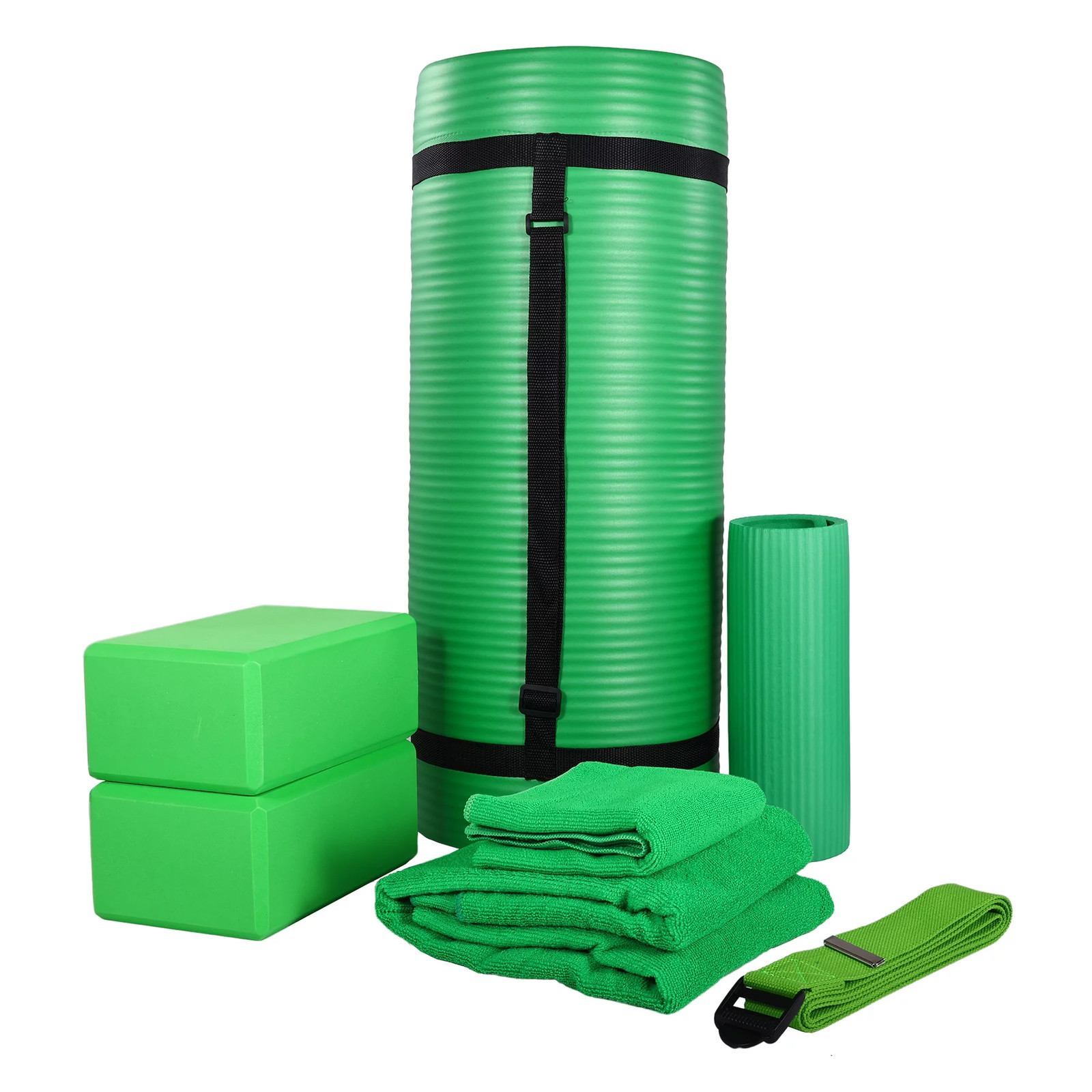 Fitness 7 Pc Yoga Set W/ Mat, Stretch Strap, & Knee Pad, Green