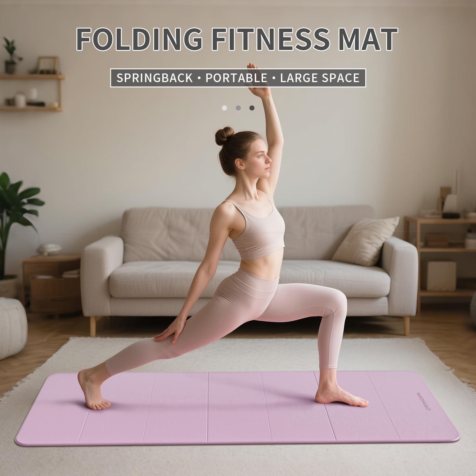 WOHAO Foldable Yoga Mat 70″x24″ – Thickened TPE Taro Purple + Warm Gray