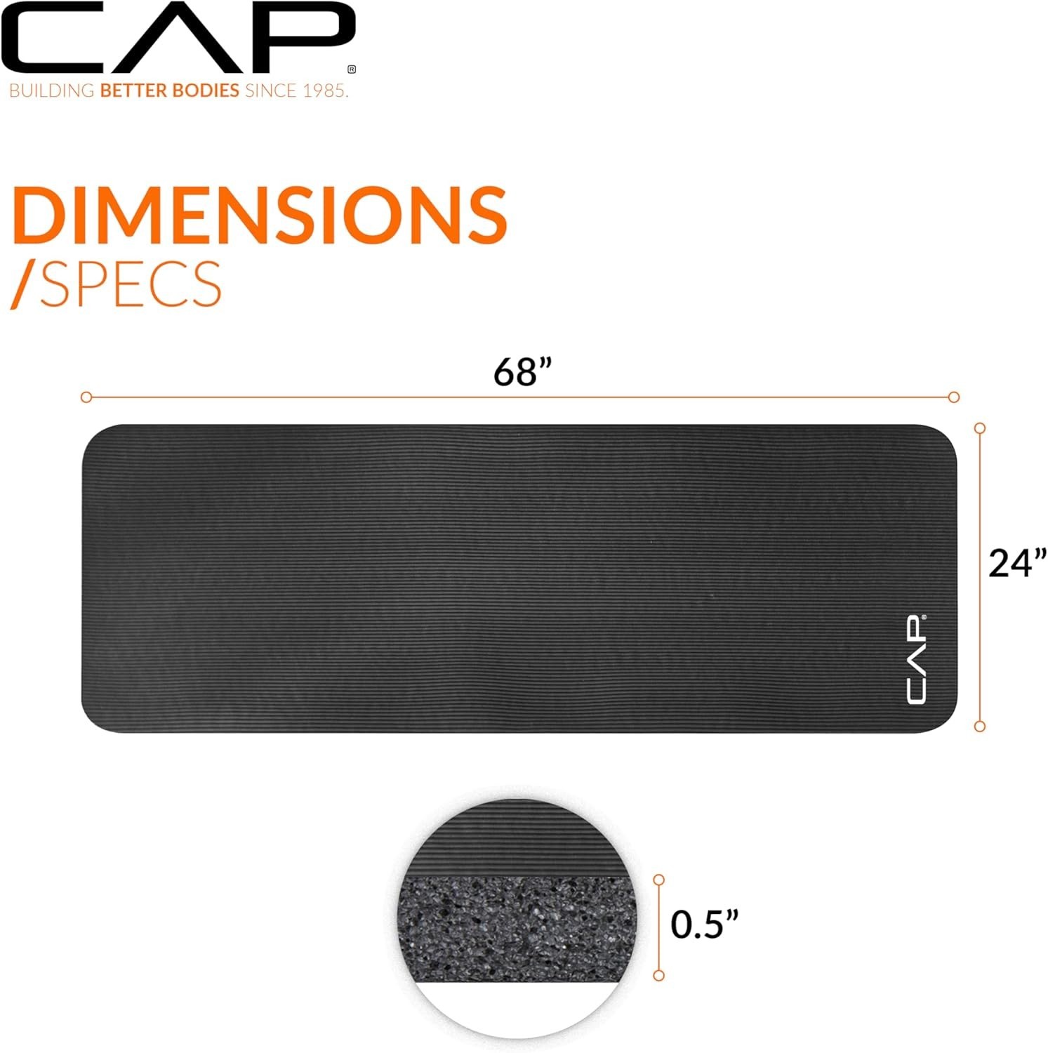 CAP Barbell High Density Exercise Yoga Mat 68″ x 24″ x 1/2″ with Carry Strap