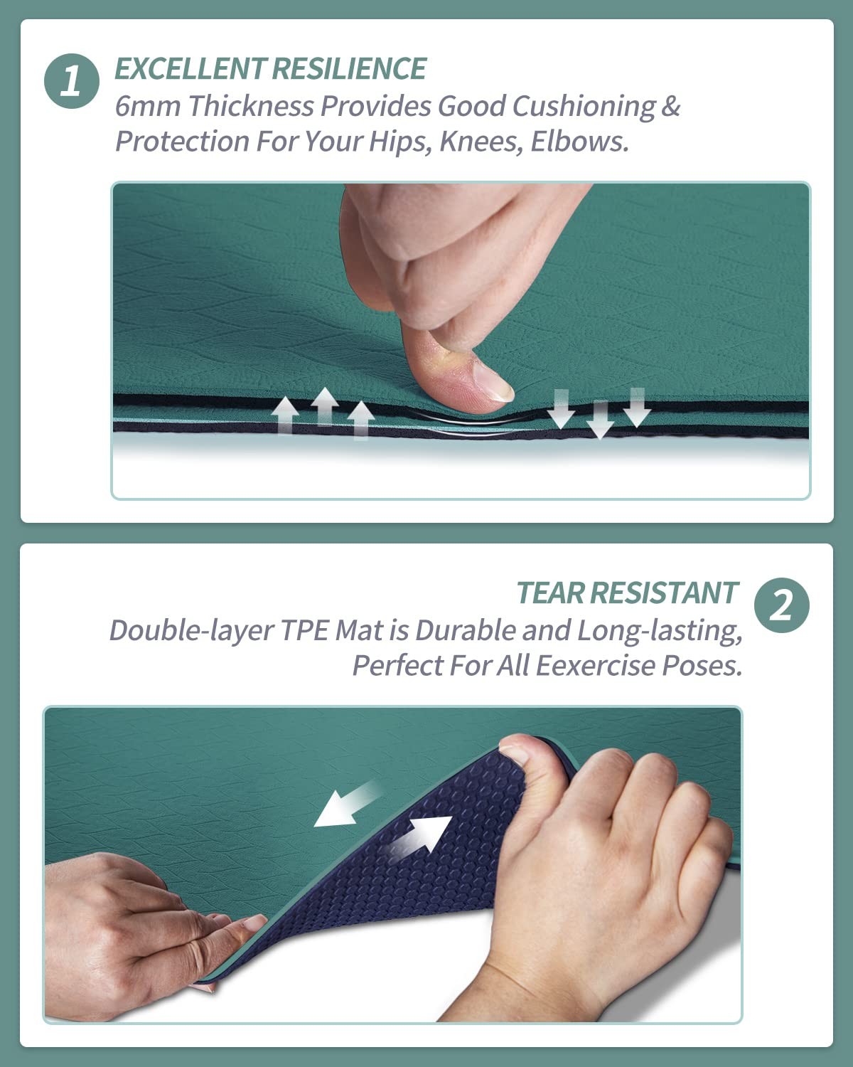 COOLMOON Yoga Mat Non Slip, Anti-Tear 1/4 Thick TPE Mats for HE-GREEN