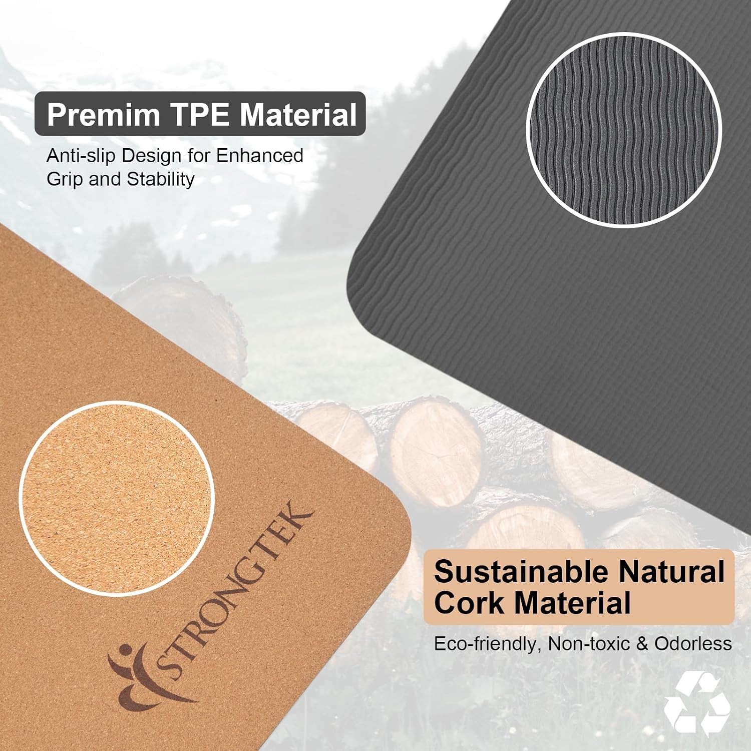 Eco-Friendly Cork Yoga Mat, 7mm Thick, 72″x24″, Cork+TPE, 2 lbs, Non-Slip, Li…