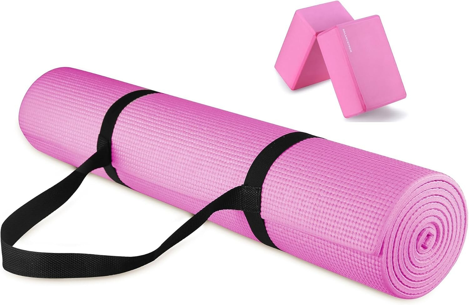 1/4 Inch Exercise Yoga Mat Yoga Pilates Mat w/ Yoga Blocks & Carrier Strap. Pink