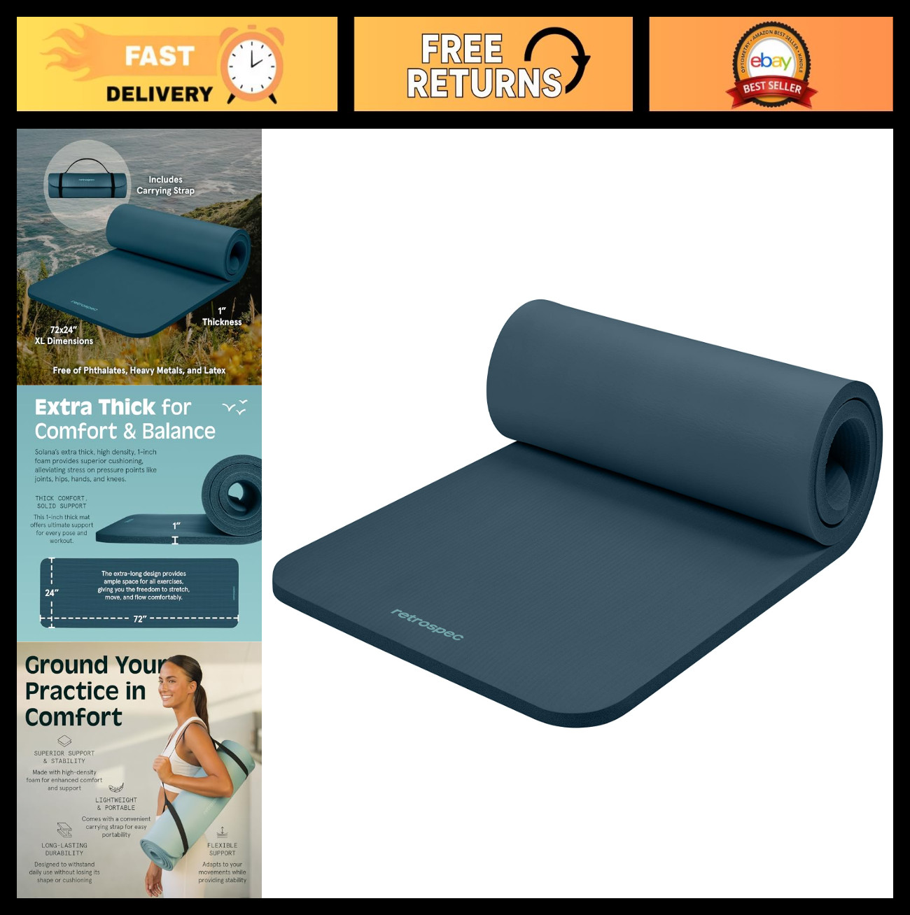 Thick Non-Slip Yoga Mat with Strap for Home Workouts, Pilates & Stretching – 1