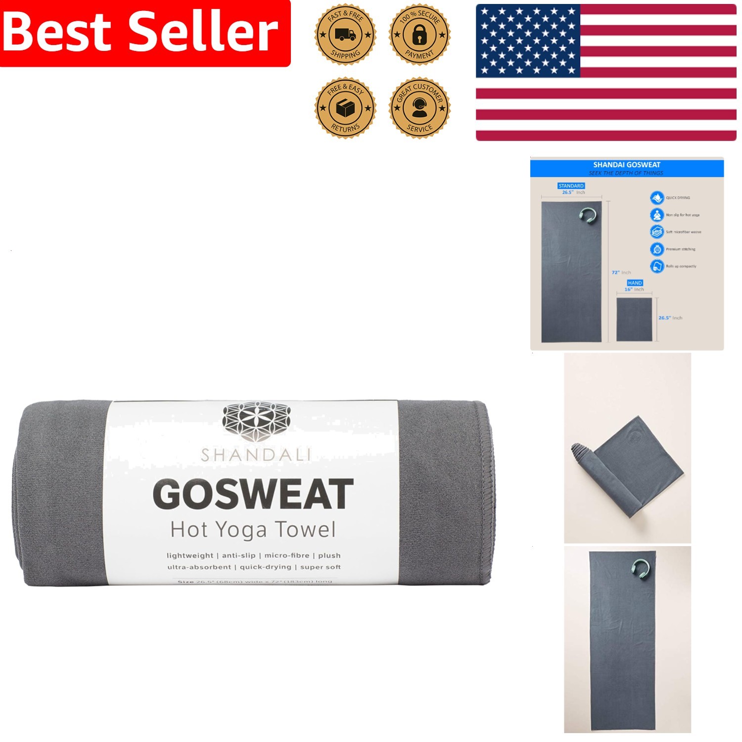 Workout Towel Lightweight Quick Dry Non-Slip Microfiber Gray Hygienic Studio Mat