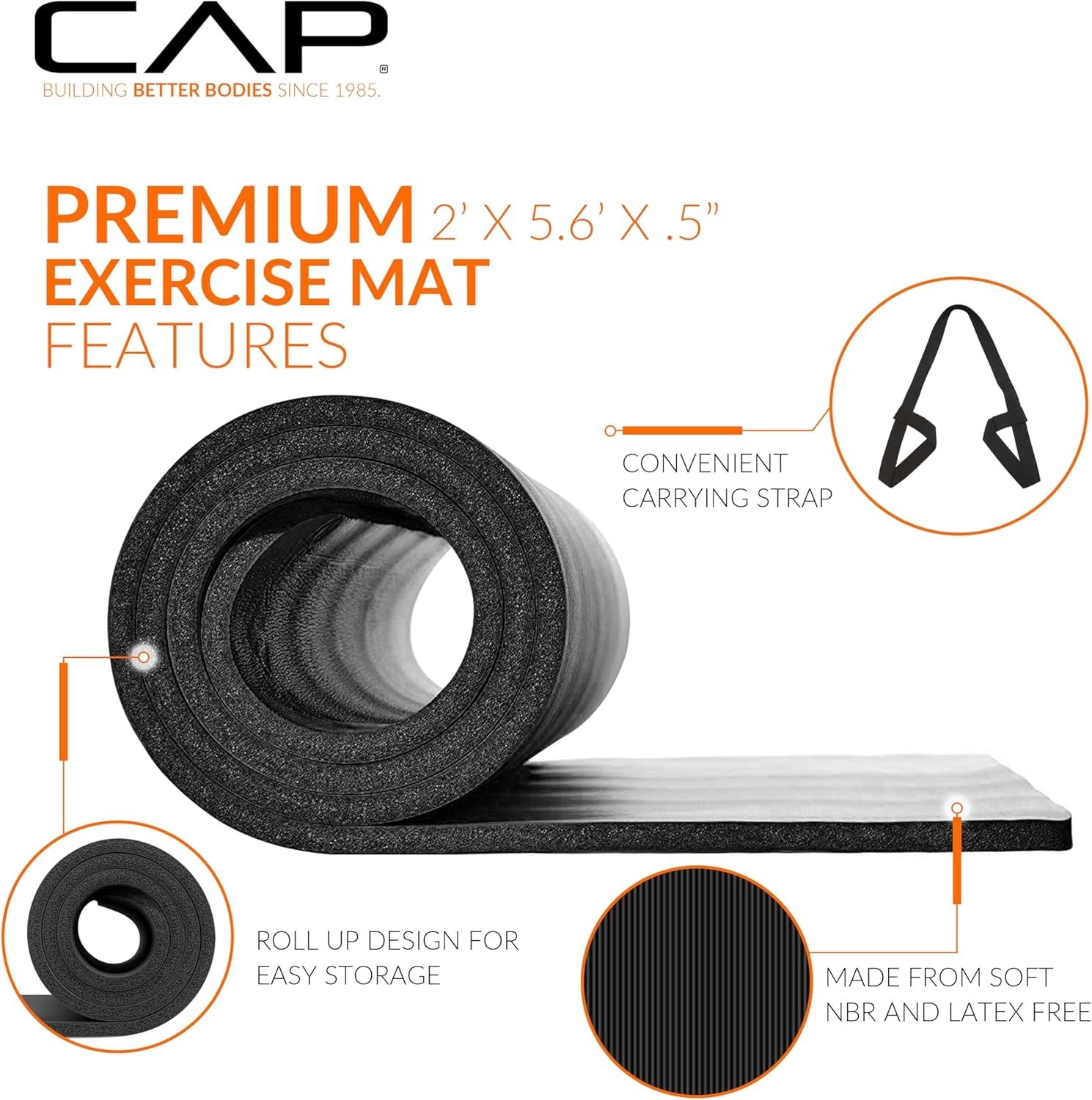 CAP Barbell High Density Exercise Yoga Mat 68″ x 24″ x 1/2″ with Carry Strap