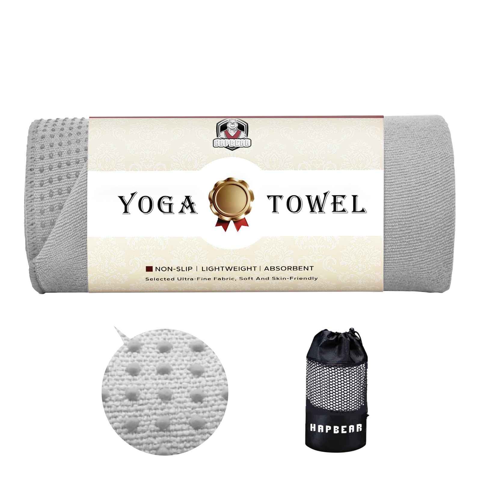 HAPBEAR Hot Yoga Towel with Non-Slip Grip Dots, 72 inches x 24 inches, Grey