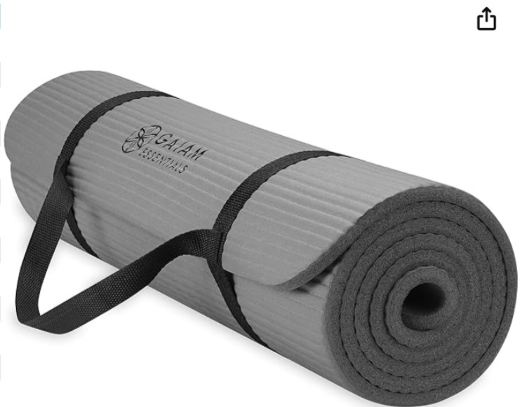 Gaiam Essentials Thick Yoga Mat w/ Easy-Cinch Carry Strap Gray Exercise Fitness