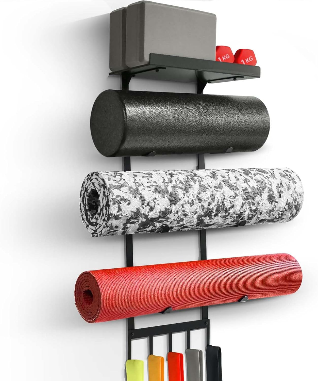 Yoga Mat Holder Wall Mount with Floating Shelf and Hooks for Storage
