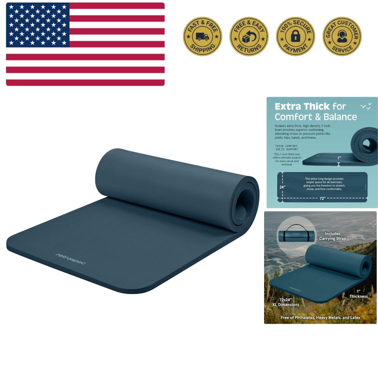 Solana Yoga Mat 1″ Thick w/Nylon Strap for Men & Women – Non Slip Exercise Ma…