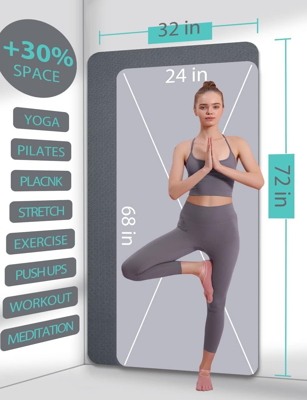 Yoga Mat Double-Sided Non Slip, 72” x 32” x 7mm – Extra Wide & Thick Yoga M…