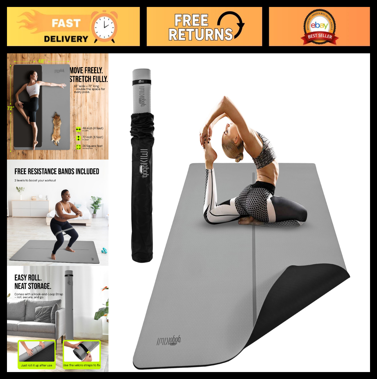Extra Large Yoga Mat 6’x4″ – Thick 1/4″ & 1/2″ Exercise Mats for Home Gym, Pilat