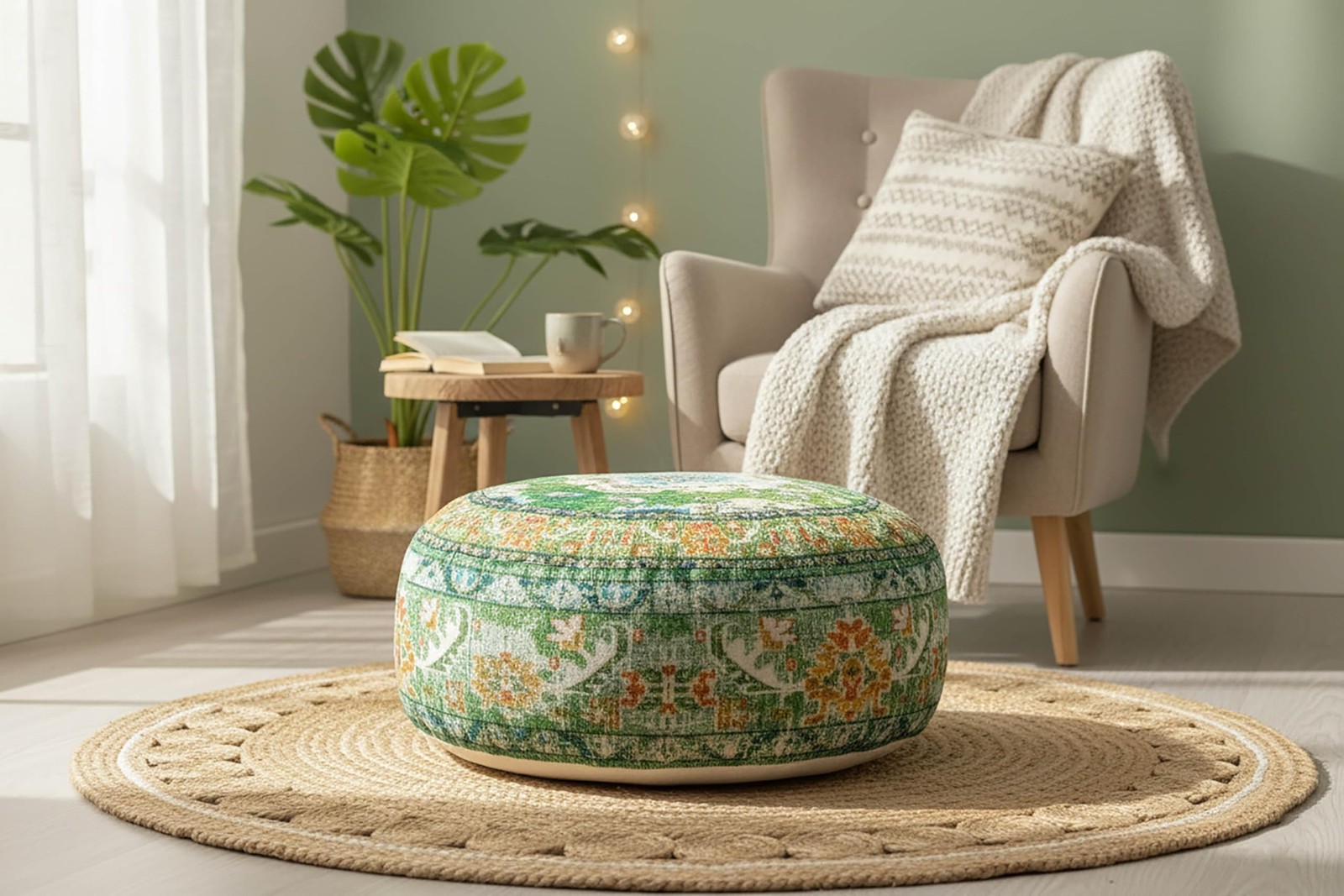 Indian Yoga Décor Pouf Cover Green Round Green Floor Pillow Case Room D
