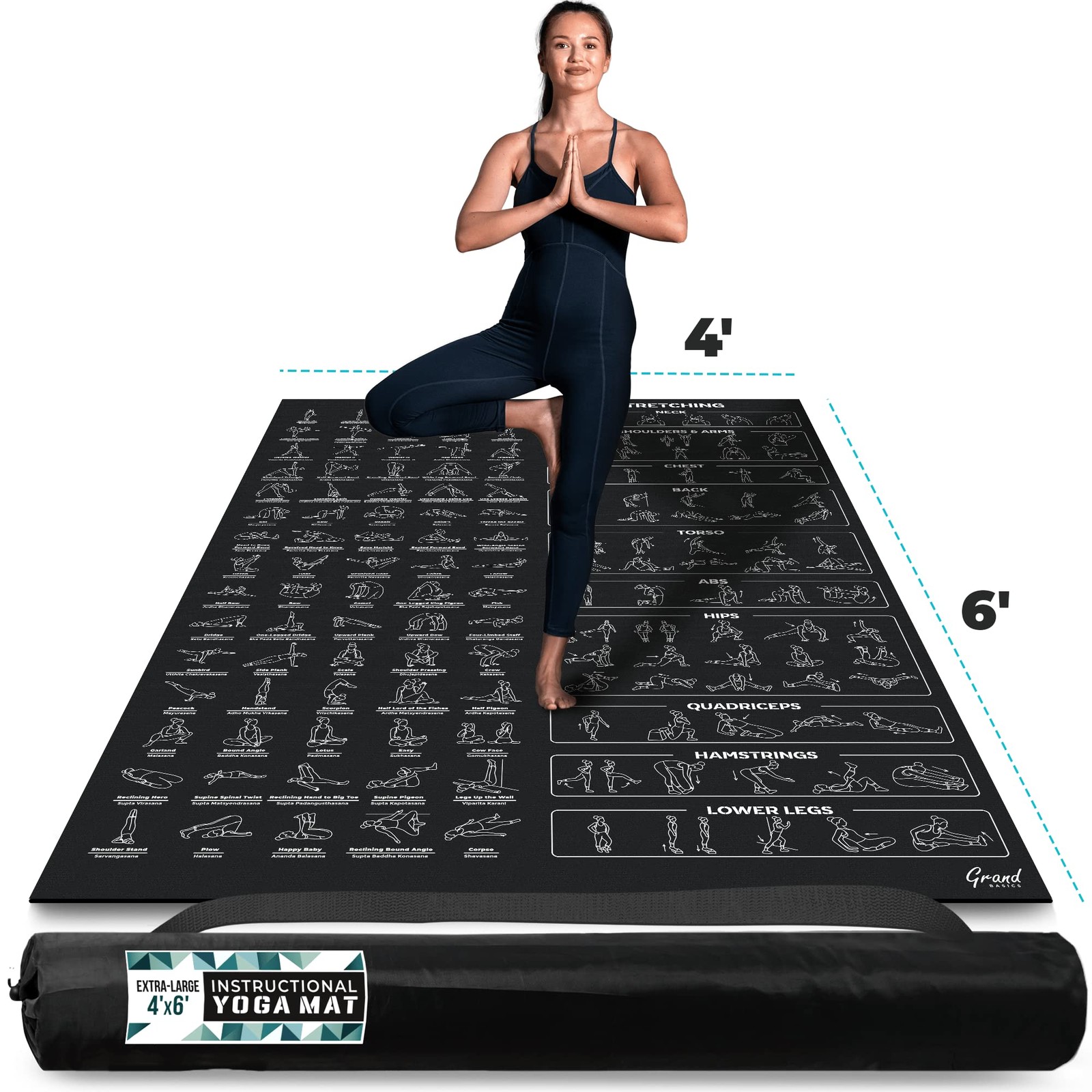 Extra-Large 6′ x 4′ Instructional Yoga Mat with Poses Printed On It – 2X Wide…