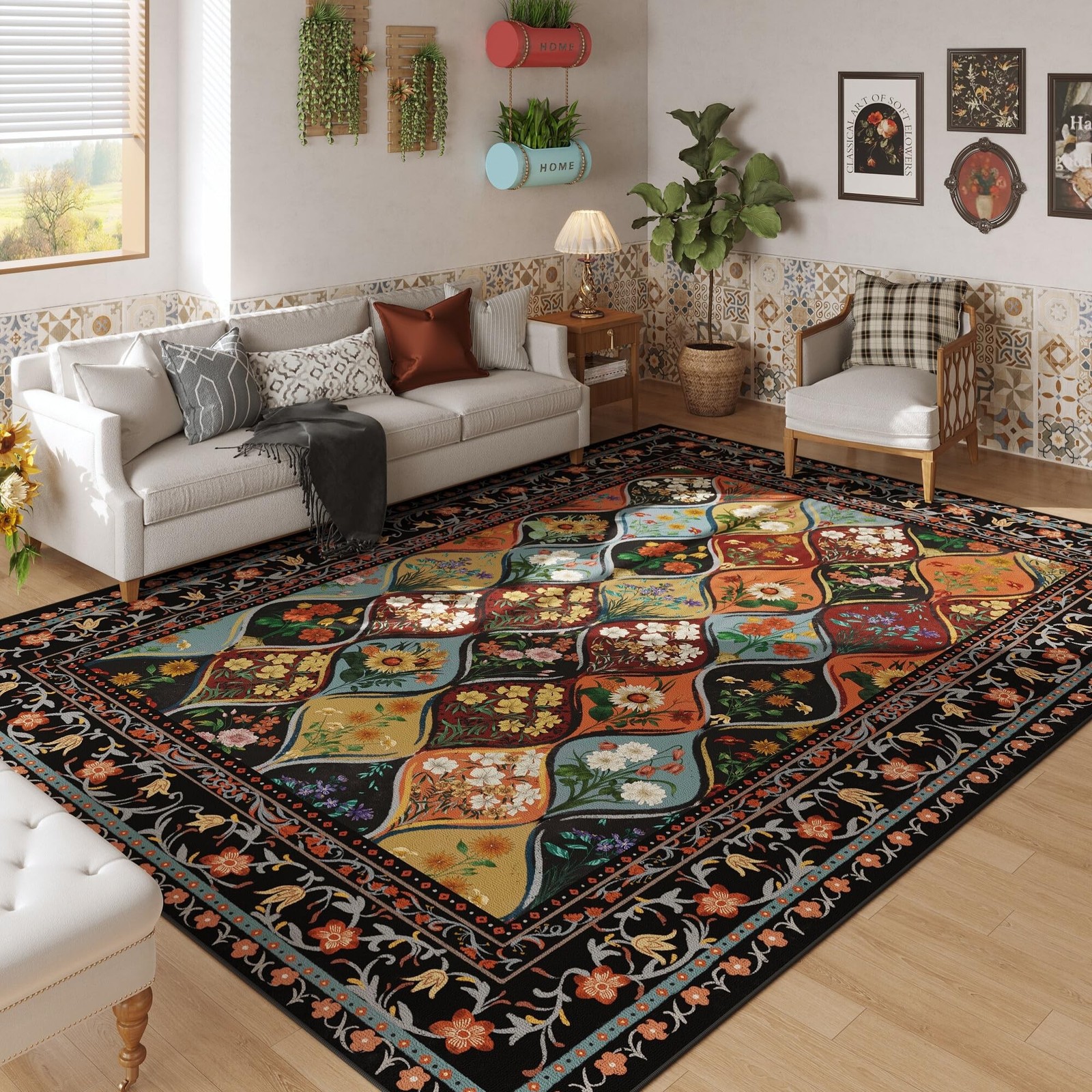 Bohemian Geometric Floral Area Rugs 5×7, Machine Washable, Low Pile Soft Carp…