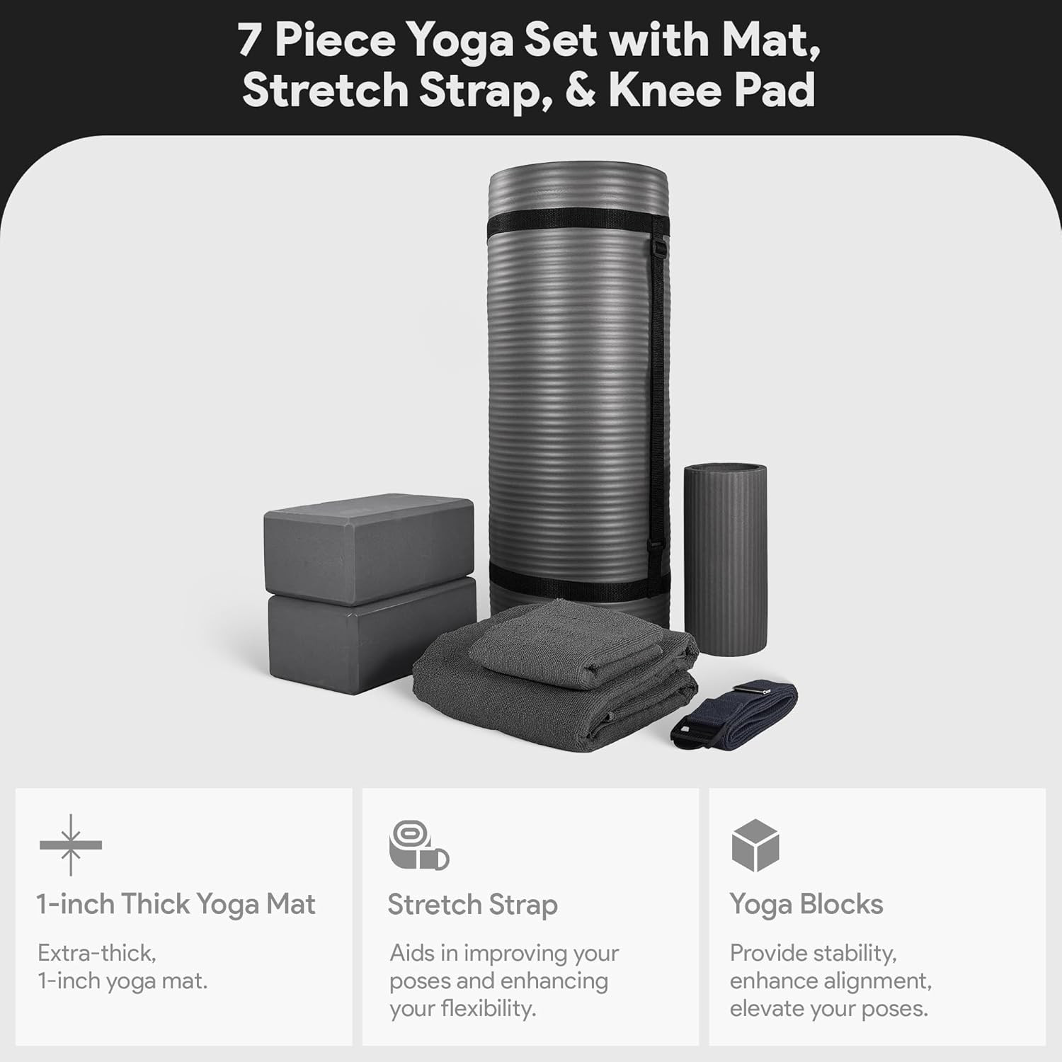 7-Piece Yoga Set with 71X24X0.5 Inches Extra Thick Mat and Carrying Sling – Incl