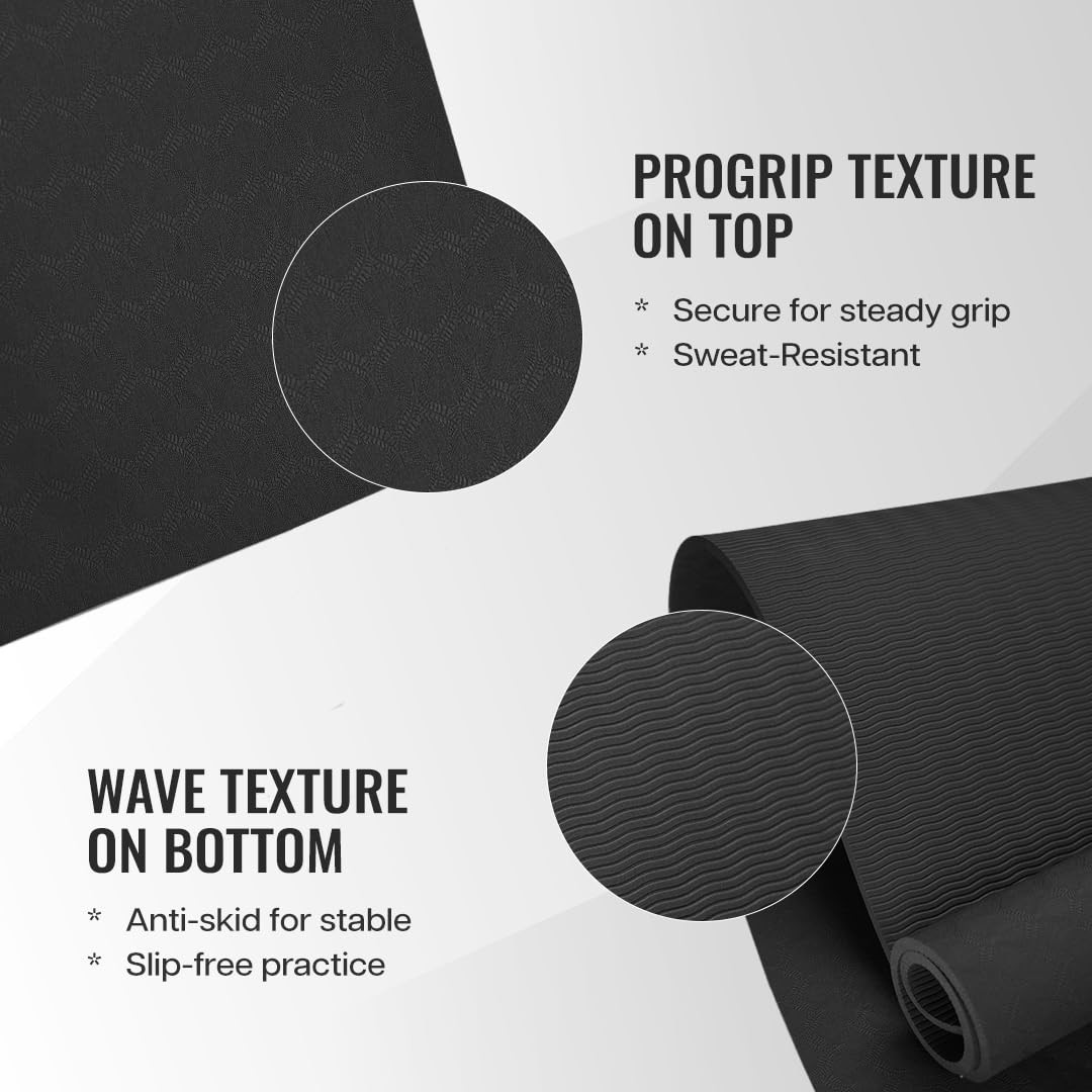 Yoga Mat Sleek Yoga mediation Strap Non-Slip Textured Extra Wide & 6MM black