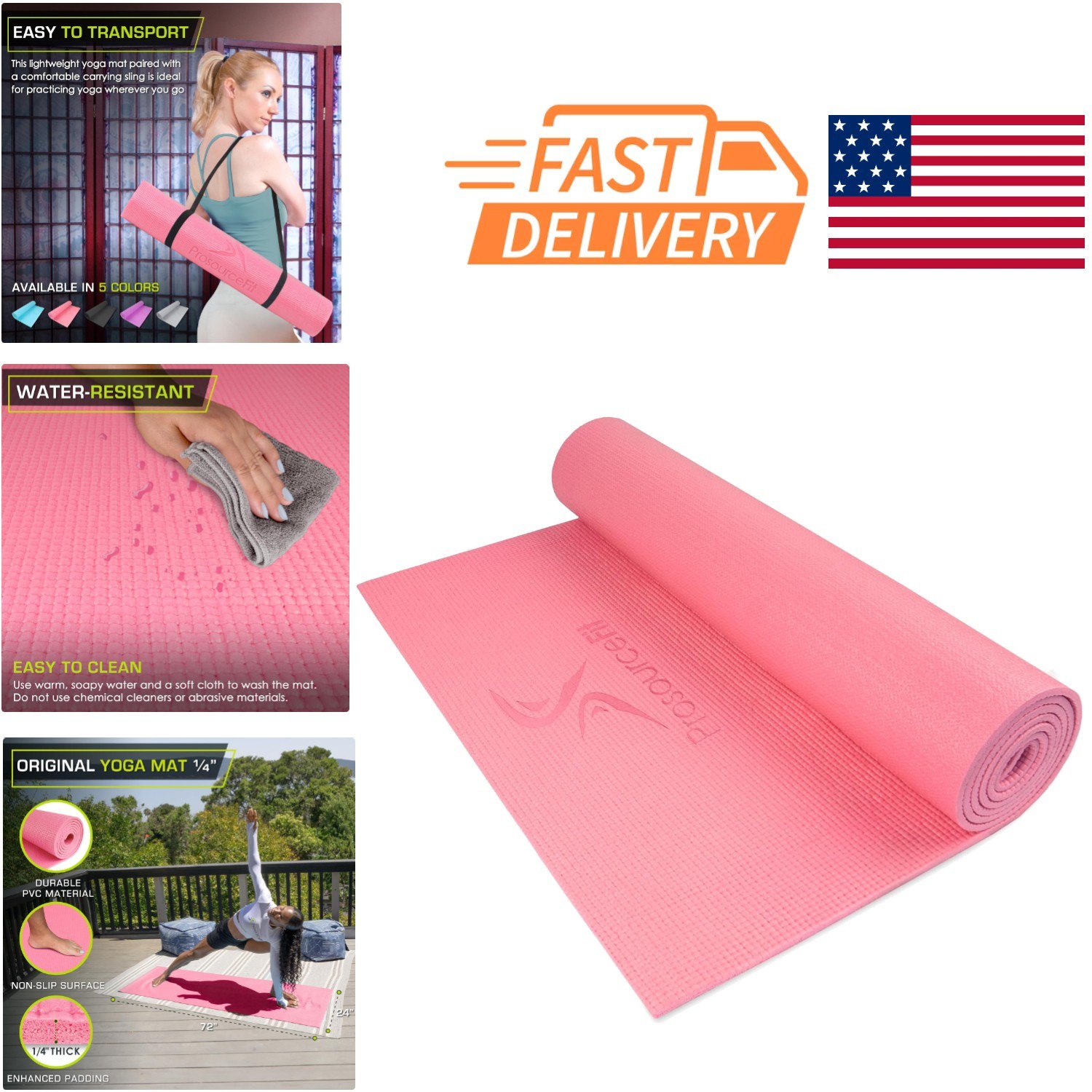Yoga Exercise Mat 72 Inch 1/4 Inch Thick Non Slip Pink PVC for Comfort