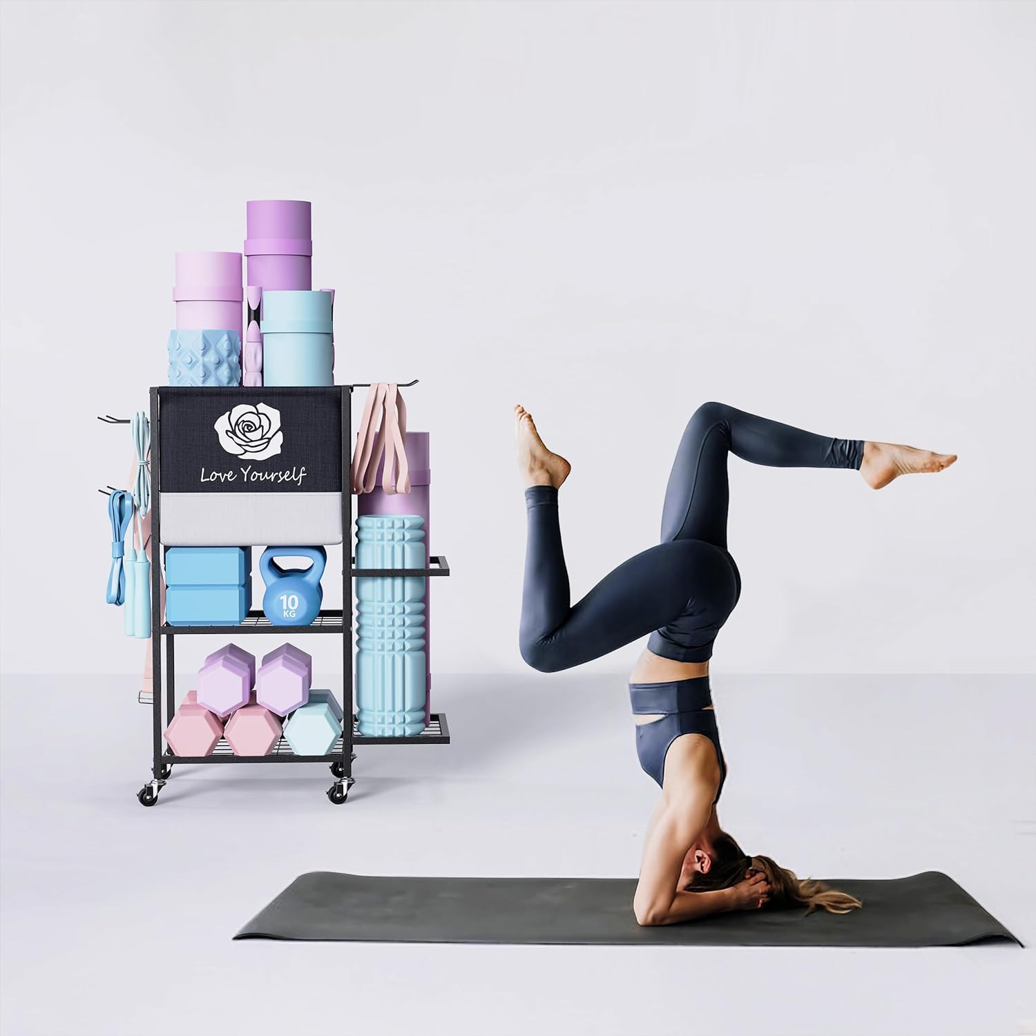 Yoga Mat and Workout Accessories Storage Rack on Wheels for Home Gym