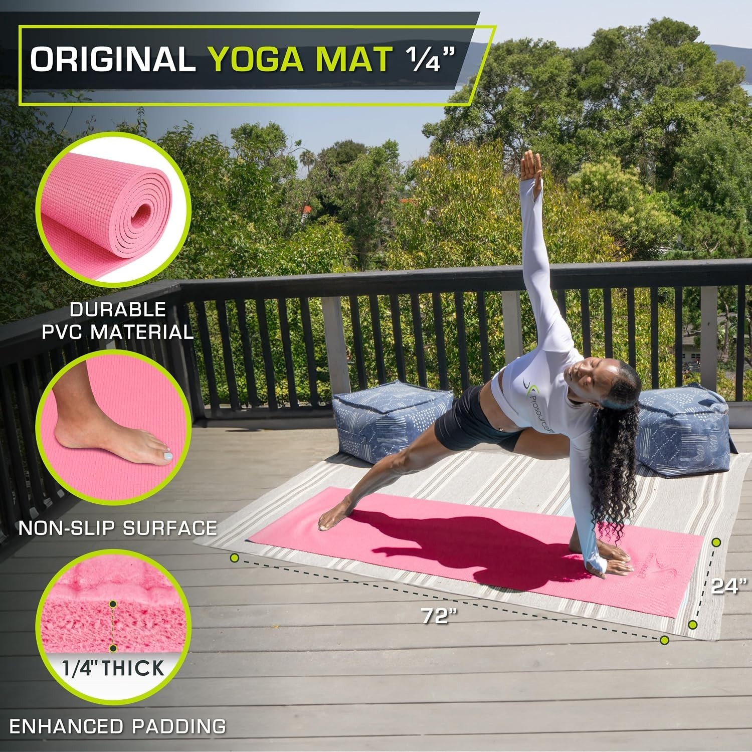 Yoga Exercise Mat 72 Inch 1/4 Inch Thick Non Slip Pink PVC for Comfort