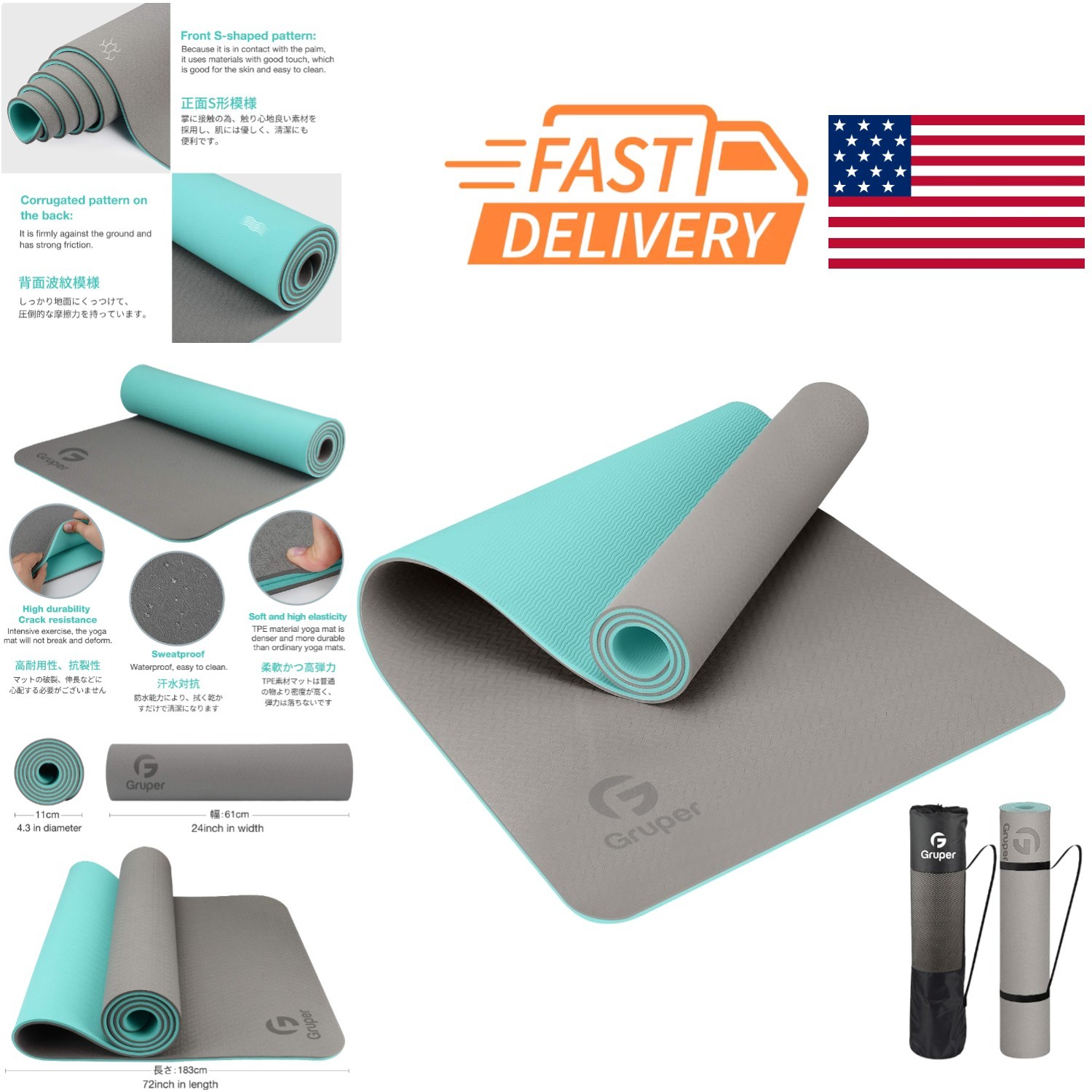 Lightweight Yoga Mat Non Slip 72 Inch Carbon Gray for Pilates and Floor Workouts