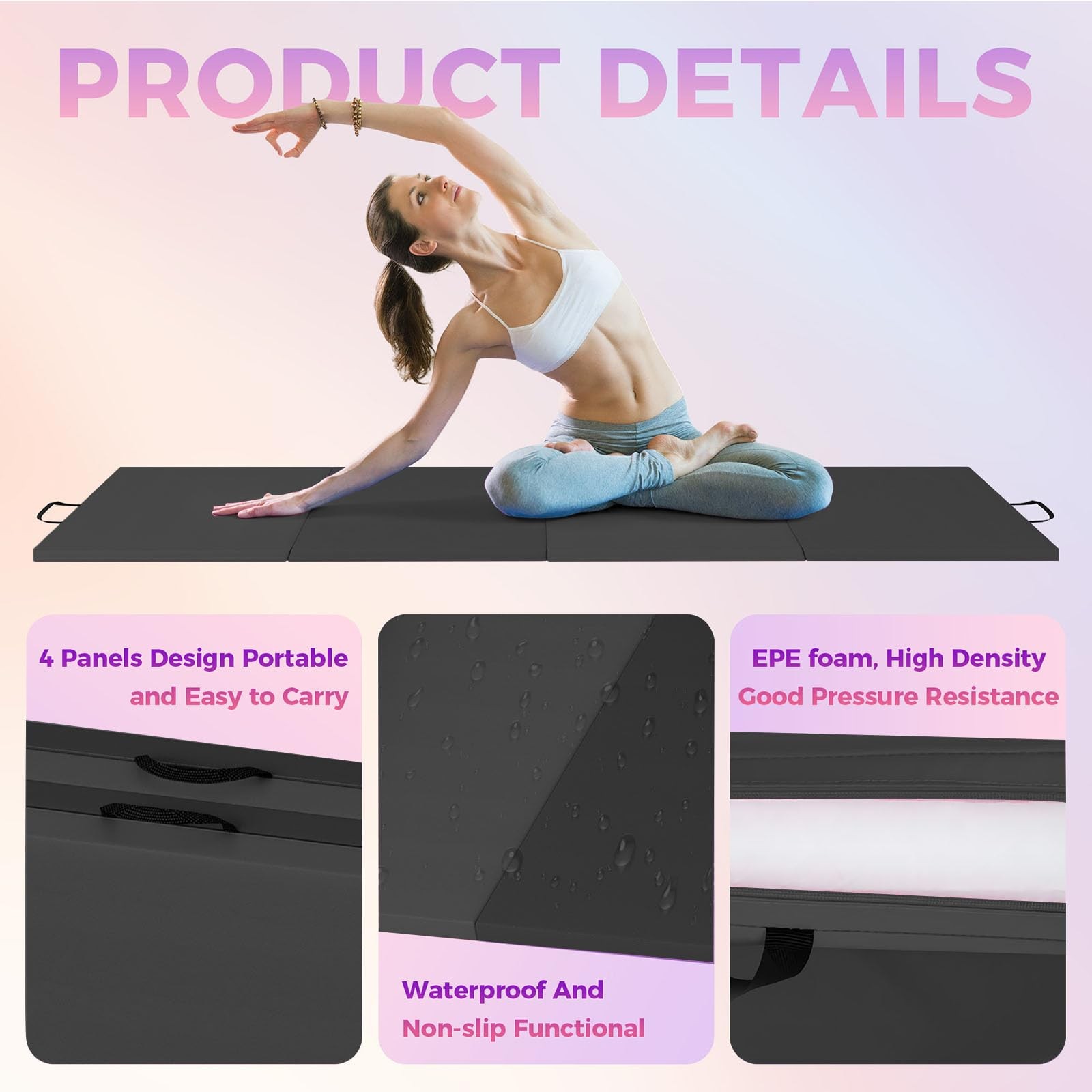 6x2ft Folding Gymnastics Mat 4-Fold Thick Exercise Mat with Handles for Yoga Fit