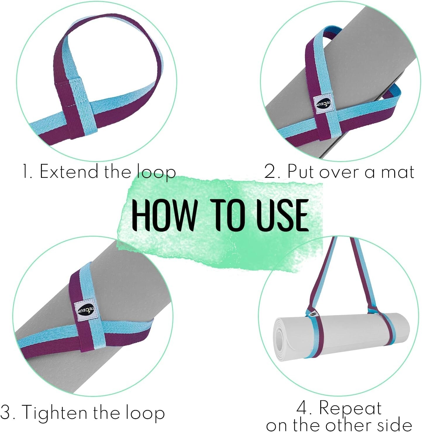 TECEUM Yoga Mat Strap – Adjustable Mat Holder Sling – 64 IN, Mixed Blueberry