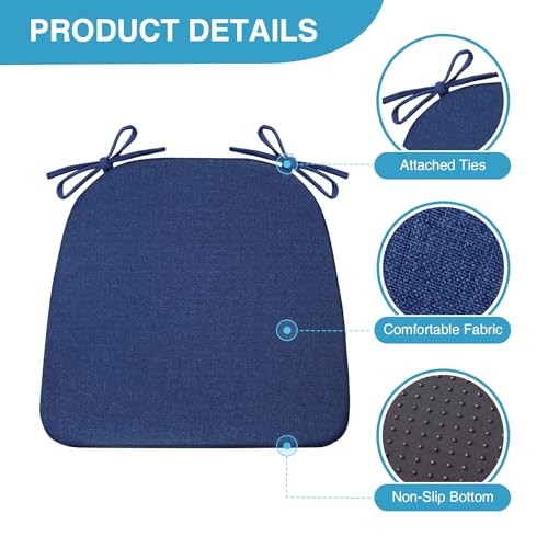 Set of 6 Chair Cushions for Dining Chairs – Non-Slip – Navy Blue – 6 Pack