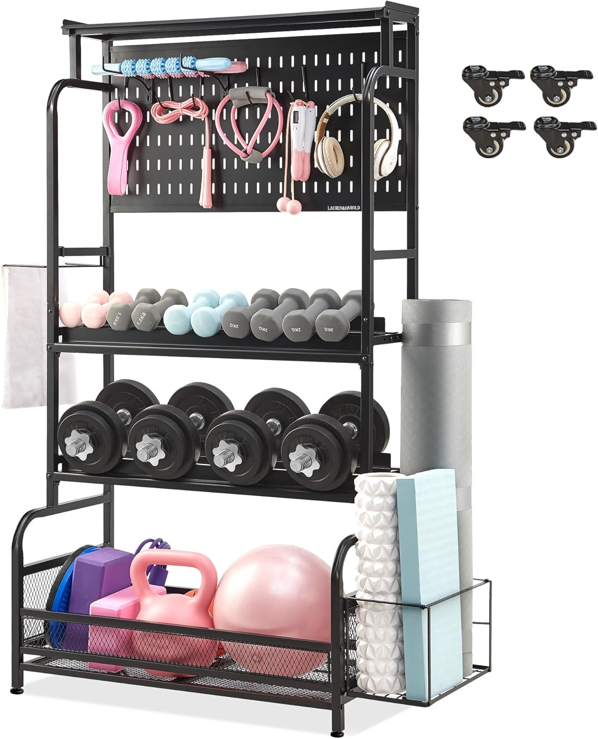 56” Home Gym Storage Rack with Wheels, Yoga Mat & Dumbbell Organizer