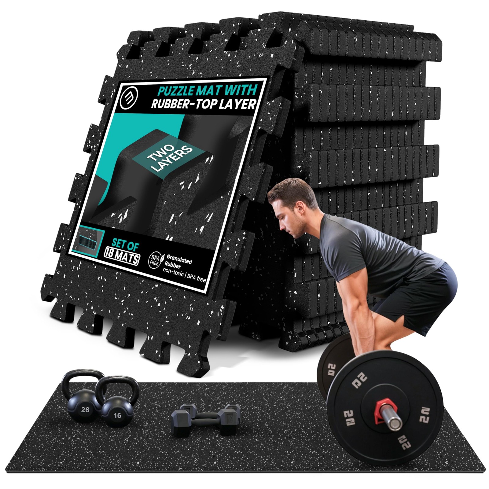 bemaxx Gym Mats 12.6″L x 12.6″W x 0.4″Th, Rubber Top | 18 Tiles | 18 Sq Ft