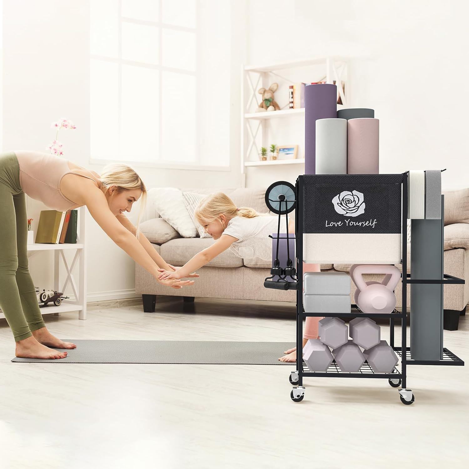 Yoga Mat Storage Rack on Wheels – Home Gym Organizer for Workout Accessories