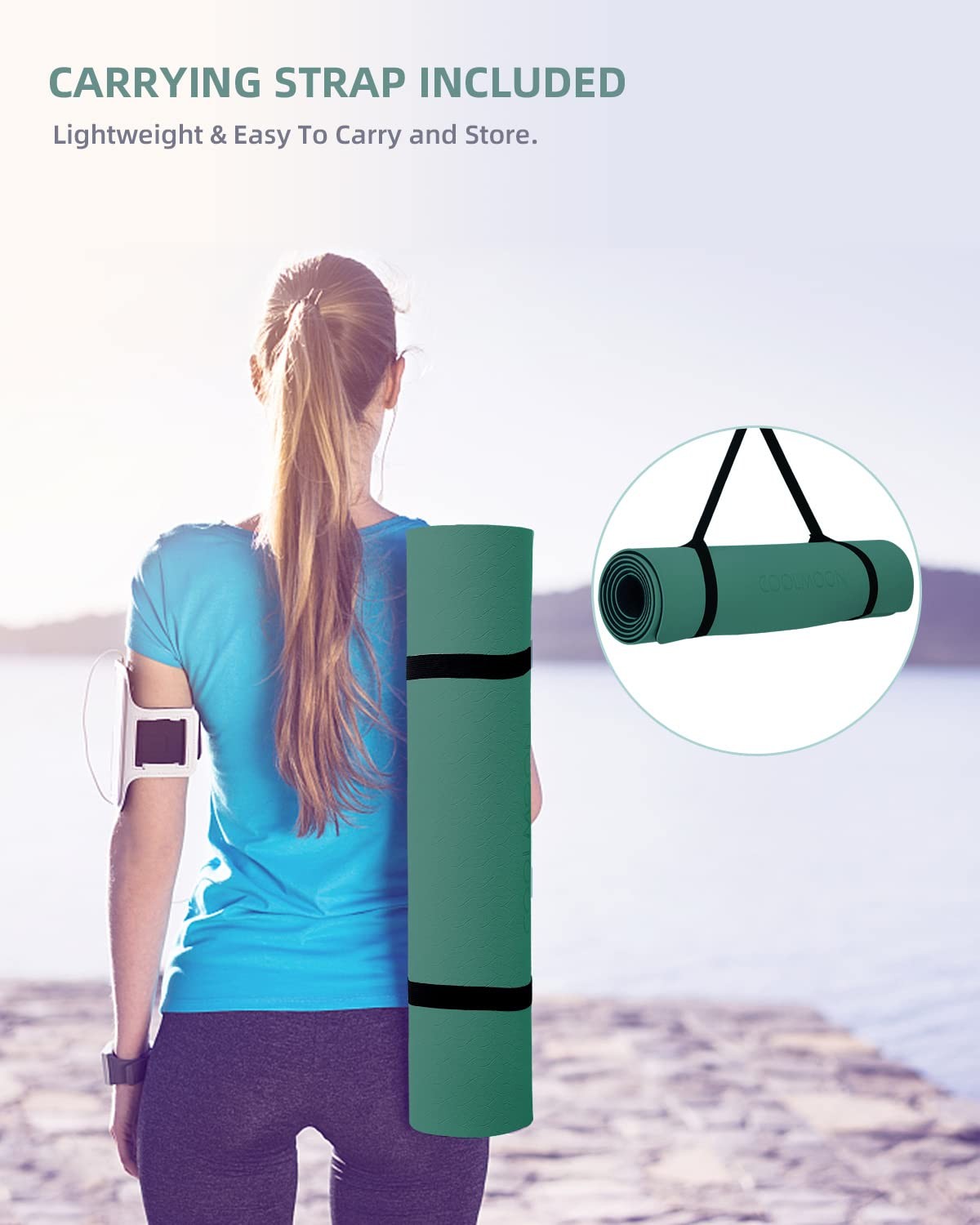 COOLMOON Yoga Mat Non Slip, Anti-Tear 1/4 Thick TPE Mats for HE-GREEN