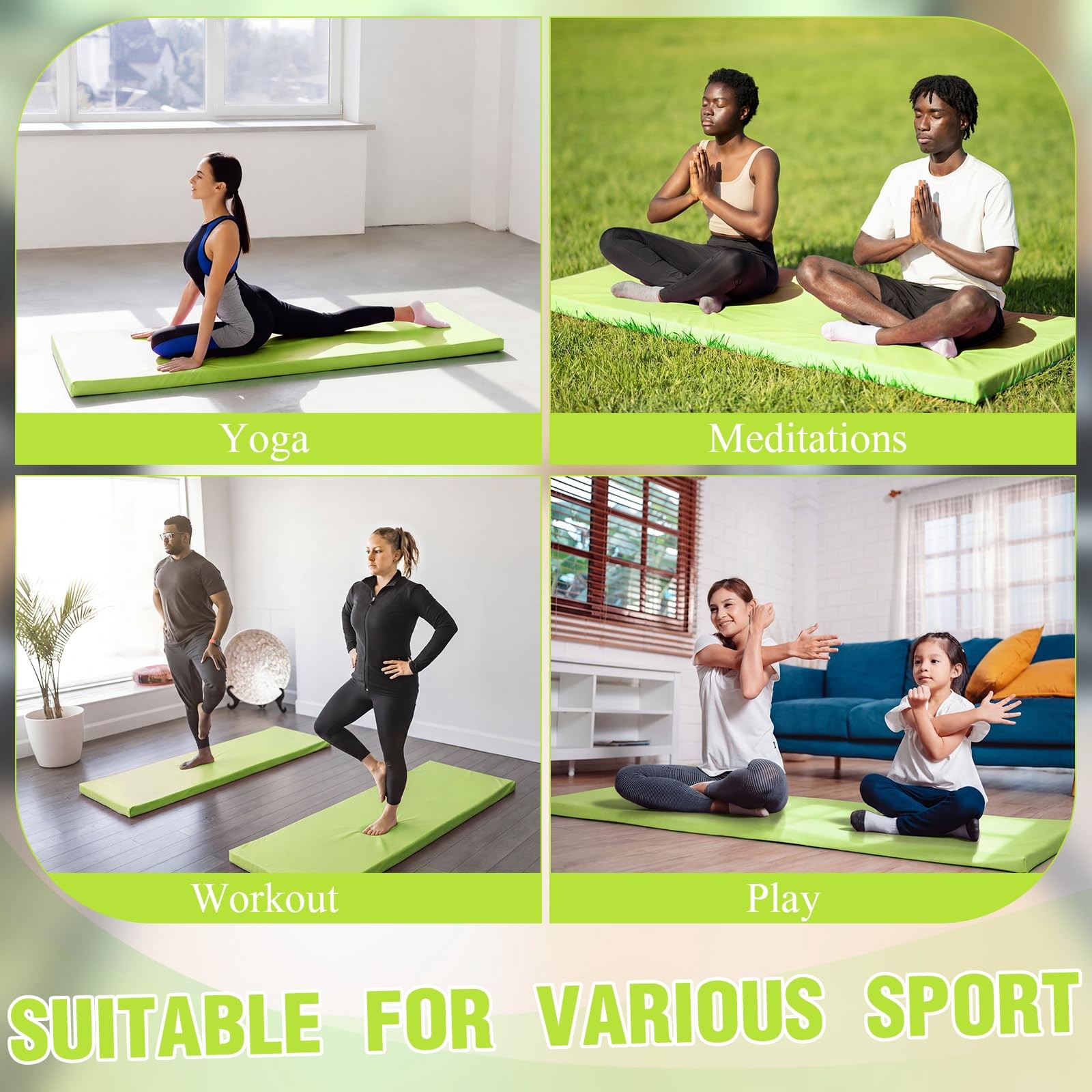 2 Inch 72″x24″ Thick Foldable Yoga Mat with Carry Strap, Non-slip Portable Fo…