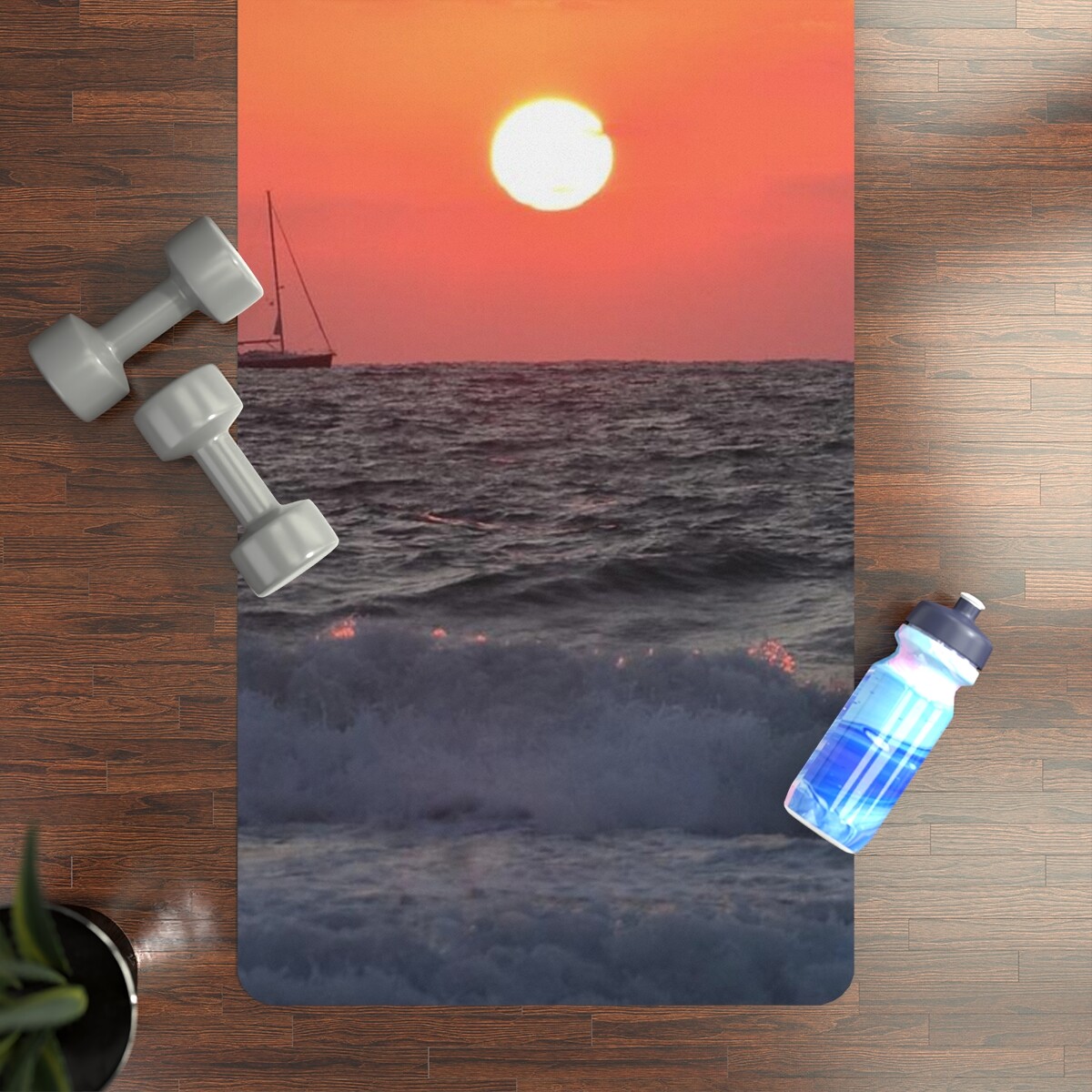 Rubber Yoga Mat Sport Sunset Orange Print Art Coastal Ocean Seascape Art Gift