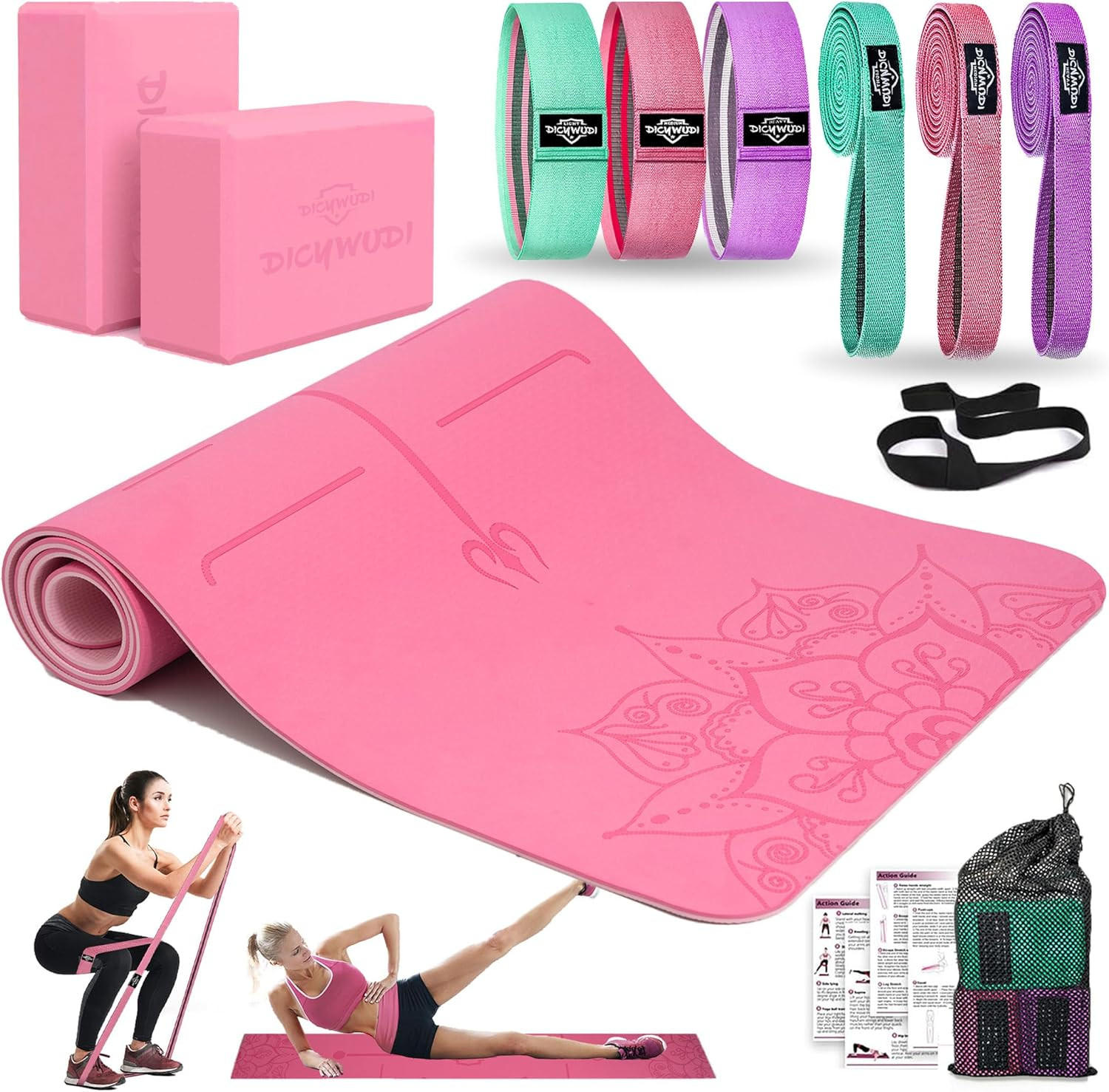 Yoga Mat Thick, 6 Fabric Resistance Bands, 2 Pack Yoga Blocks, Home Workout Equi