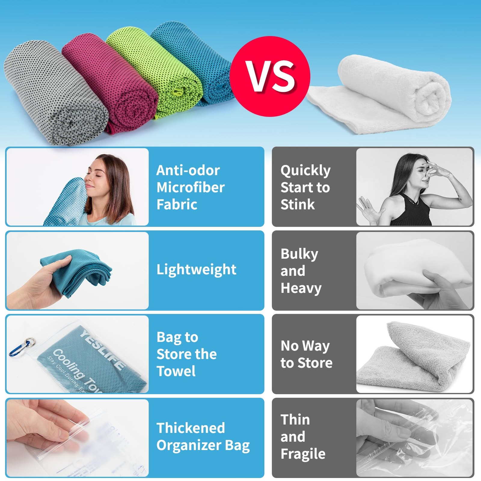 YESLIFE 4 Pack Cooling Towels 40 inches x 12 inches, Blue, Grey, Green, Pink