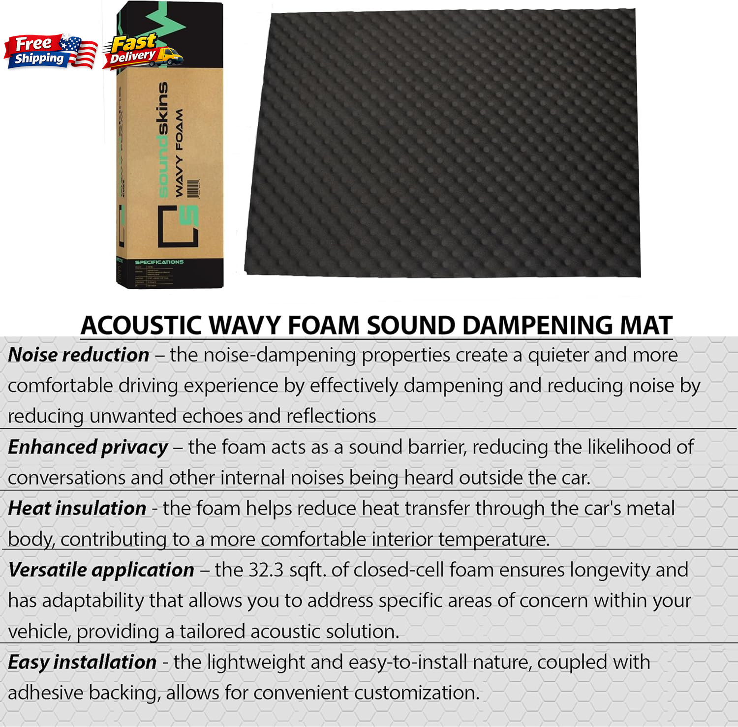 Ssk-Wavy 315Mil/8Mm Lightweight Closed Cell Foam Mat – 32.3 Sqft. Vibration Damp