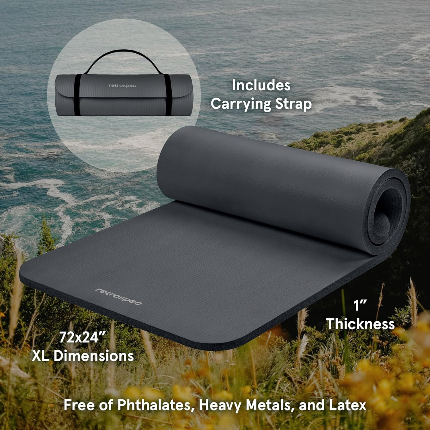 Solana Yoga Mat 1″ Thick W/Nylon Strap for Men & Women – Non Slip Exercise Mat f