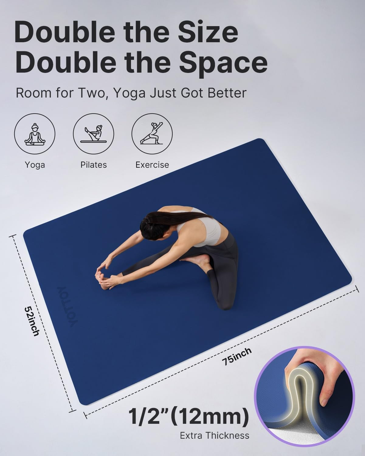 YOTTOY Large Yoga Mat (75 * 52 * 1/2inch),Extra Wide TPE 75*52*1/2inch, Blue