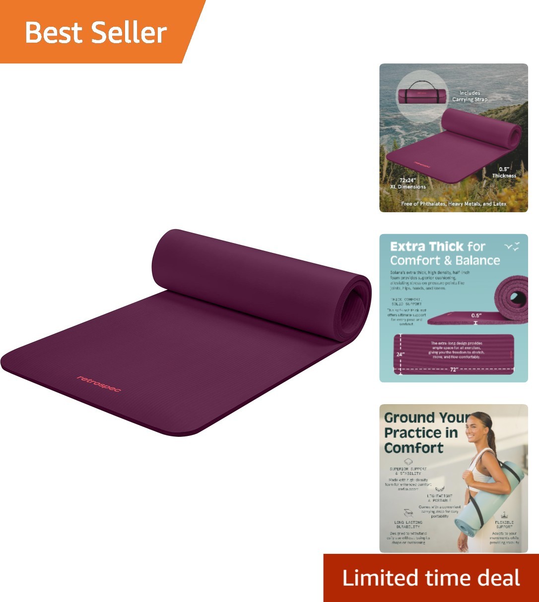 Solana 1/2″ Thick Non-Slip Yoga Mat with Strap – Boysenberry Comfort & Support