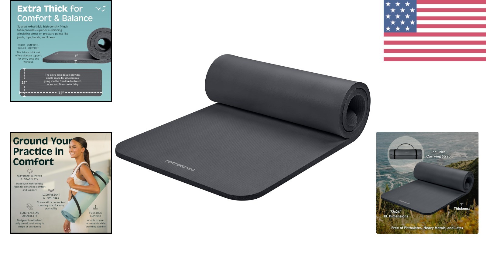 Durable Graphite Yoga Mat 1″ Thick with Non-Slip Grip for Pilates & Stretching