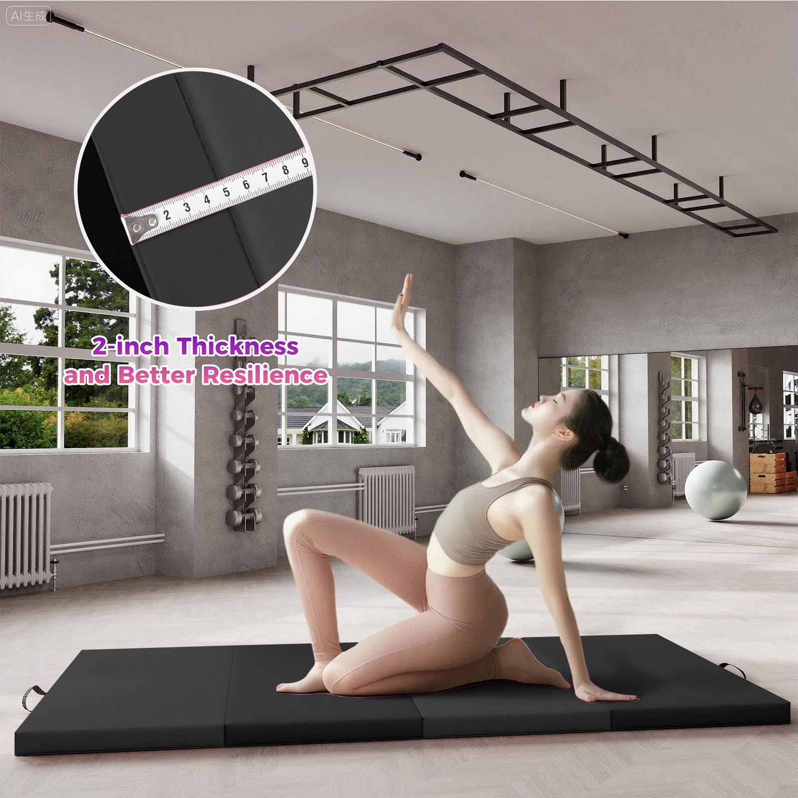6x2ft Folding Gymnastics Mat 4-Fold Thick Exercise Mat with Handles for Yoga Fit