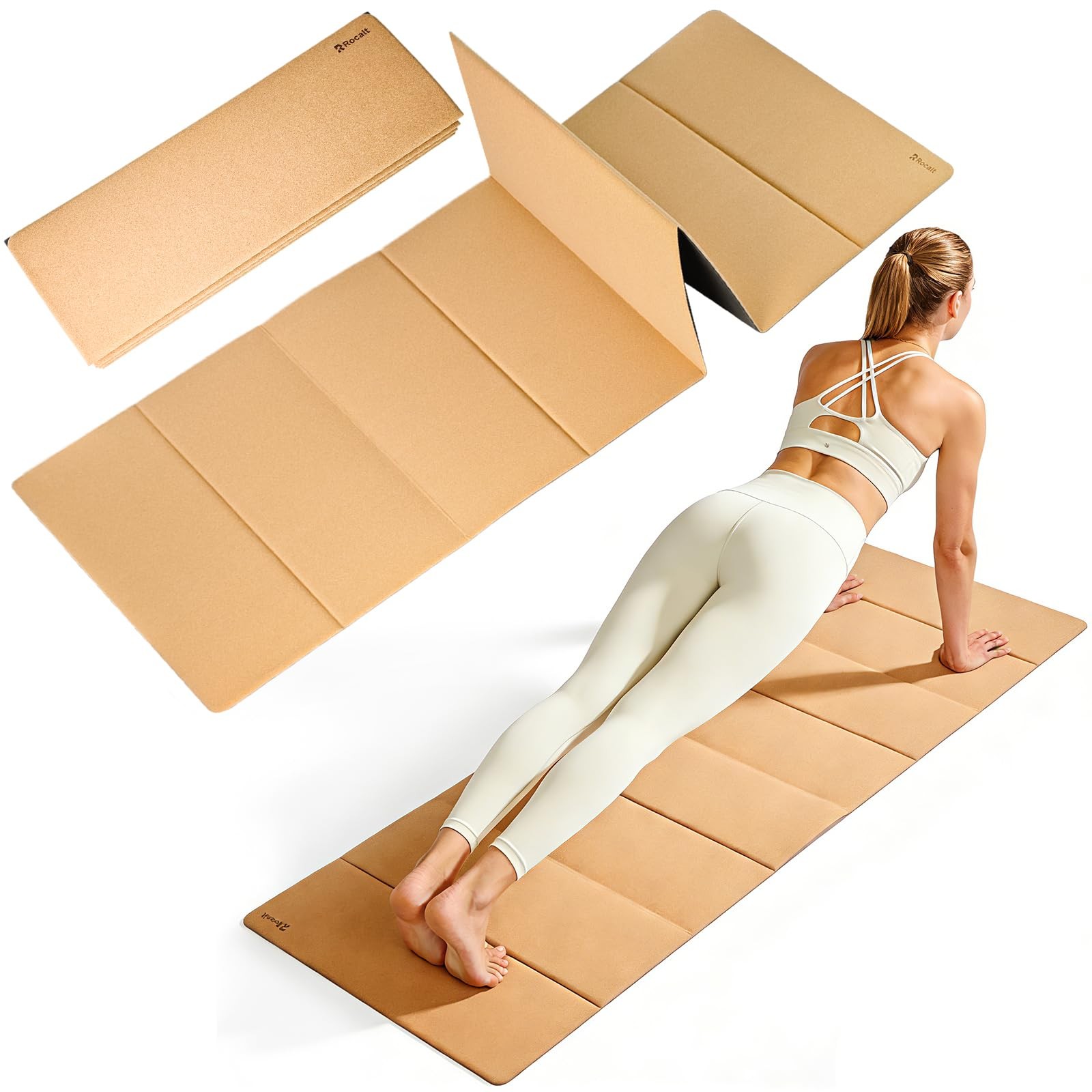 Foldable Cork Yoga Mat for Travel, Non Slip Lightweight Yoga Mat with Carry S…