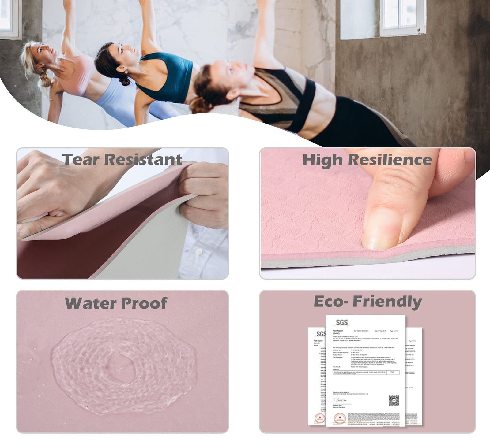Non Slip, Pilates Fitness Mats, Eco Friendly, 72″x24″, Parfait Pink & Gray