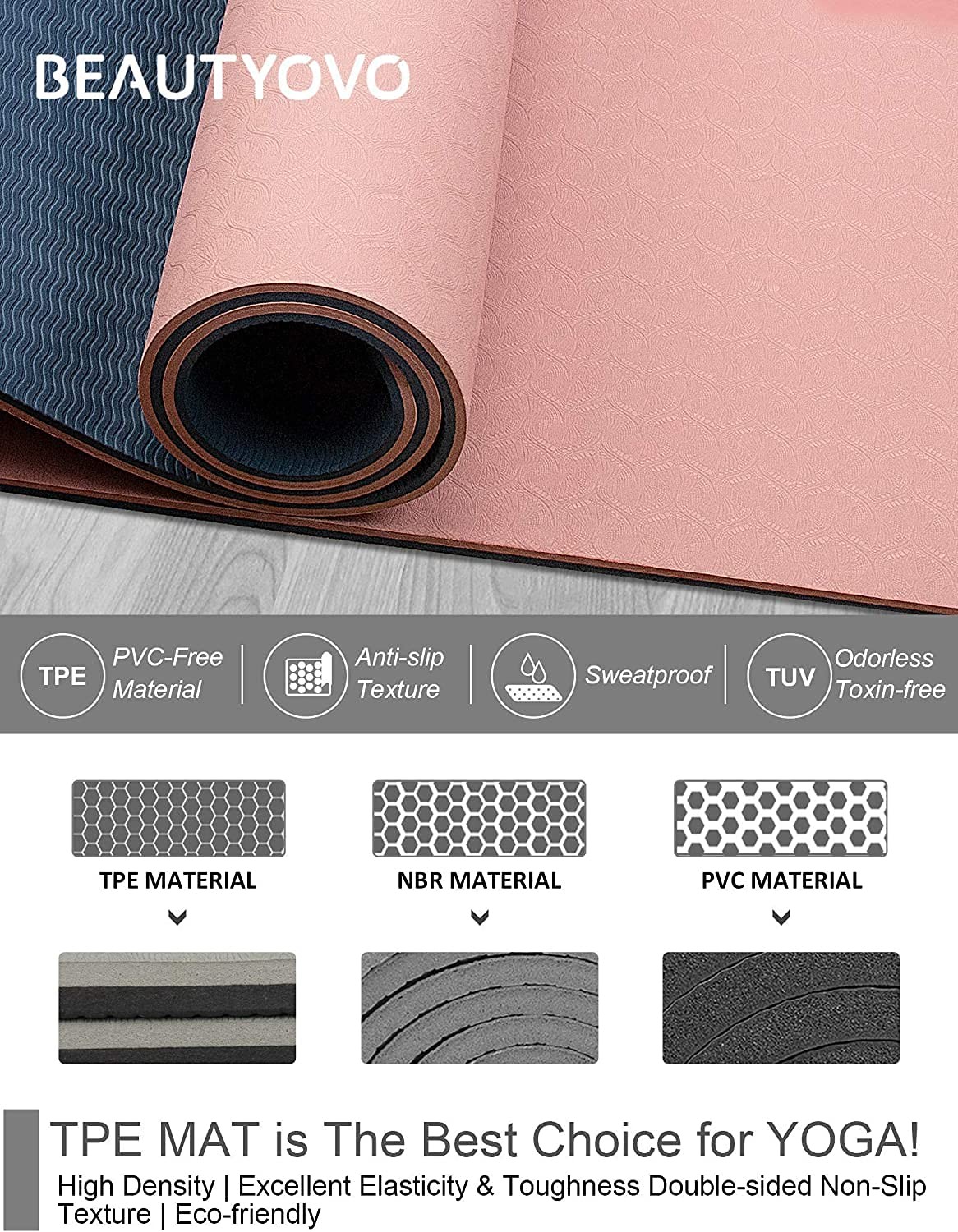 Yoga Mat with 72” x 24” x 1/3” (Regular Version), Cherry Pink & Navy Blue