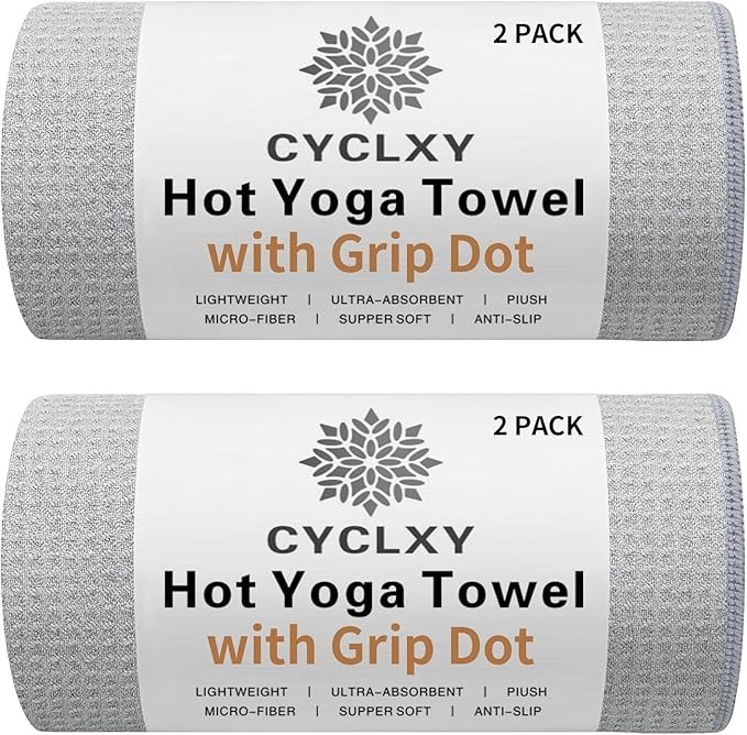 2 Pack Hot Yoga Towel with Grip Dot，Stickyfiber Yoga Mat Towels Non Slip for Hot