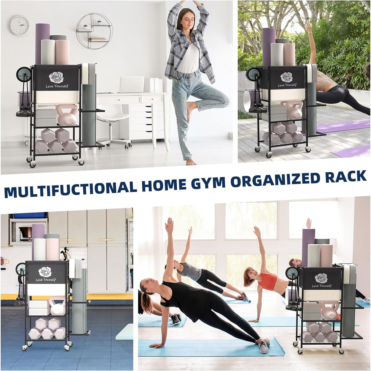 Yoga Mat and Workout Accessories Storage Rack on Wheels for Home Gym