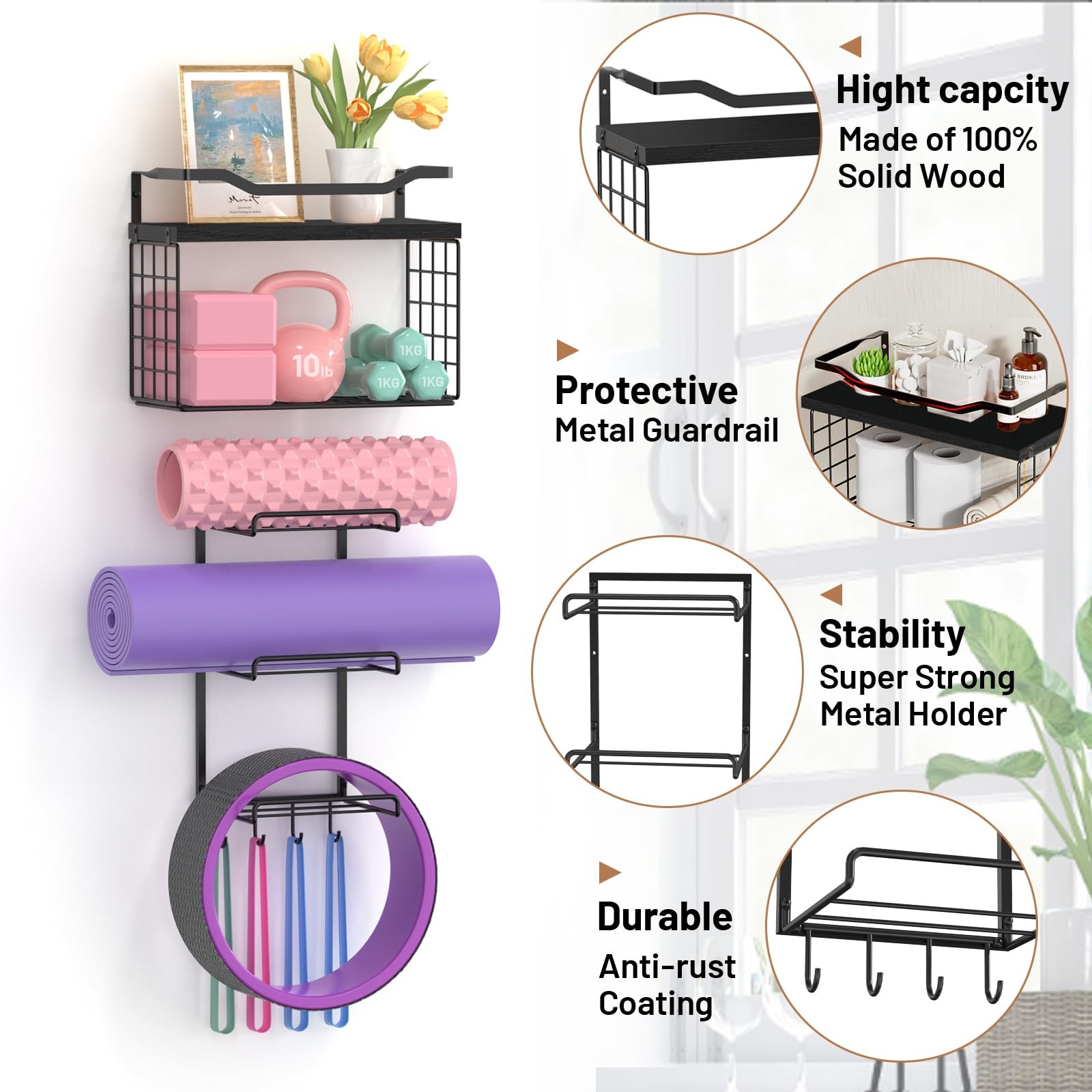 Yoga Mat Holder Black, Wall Mount Yoga Mat Storage Rack, Yoga Accessory Organ…