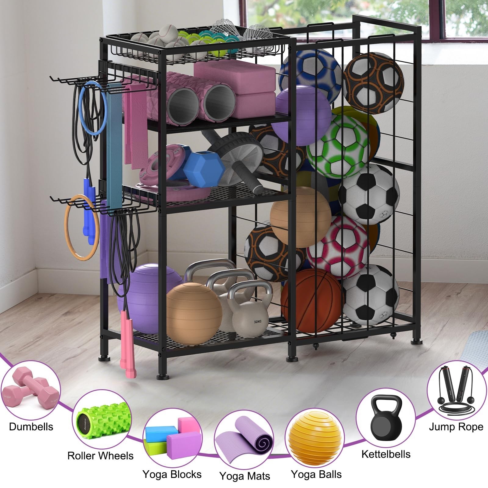 4-Tier Yoga Mat Holder & Home Gym Storage Rack with Hooks & Baskets – Metal Orga